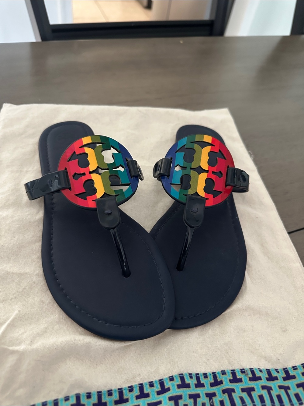 Tory Burch Navy Sandals with Rainbow Logo Medallions